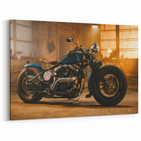 Classic Motorcycle Canvas - Custom Blue Bike in Vintage Workshop