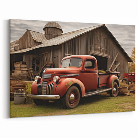 Rustic Red Vintage Truck by Barn - Classic Truck Canvas Wall Art