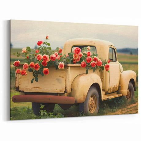 Vintage Truck with Roses - Charming Floral Truck Canvas Wall Art Decor