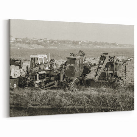 Vintage Excavator Scene Art - Industrial Machinery Sepia Canvas Print