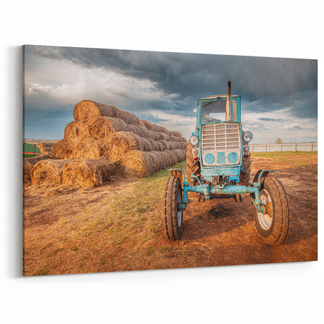 Rustic Farm Tractor Art - Vintage Blue Tractor and Hay Bales Canvas Print