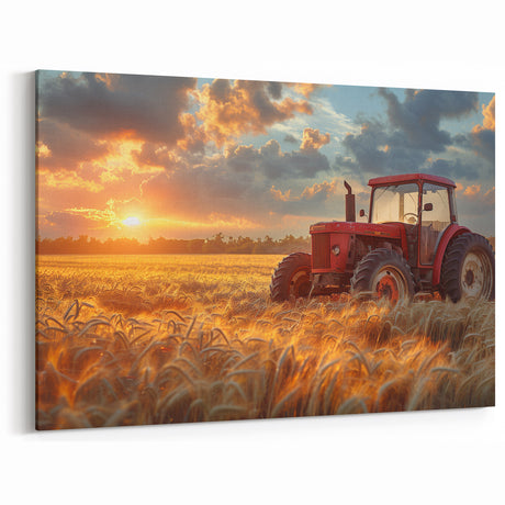 Vintage Red Tractor at Sunset - Rustic Heavy Equipment Wall Art