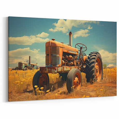 Rustic Tractor in Wildflower Field - Vintage Heavy Equipment Wall Art