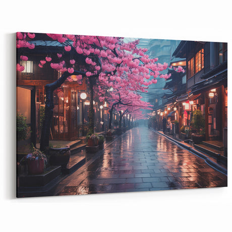 Serene Japanese Street Wall Art - Cherry Blossoms in Evening Light