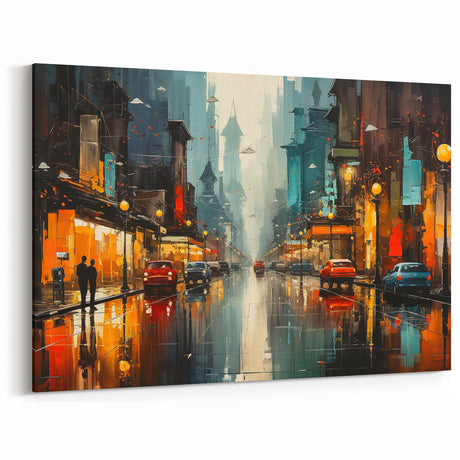 Vibrant City Nightscape Wall Art - Colorful Reflections on Wet Streets