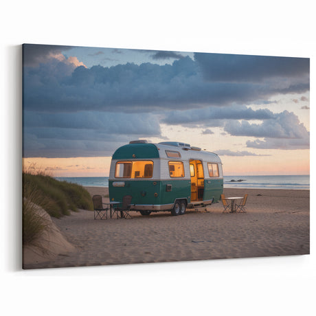 Vintage Caravan Wall Art - Retro RV Canvas Print for Coastal Retreat
