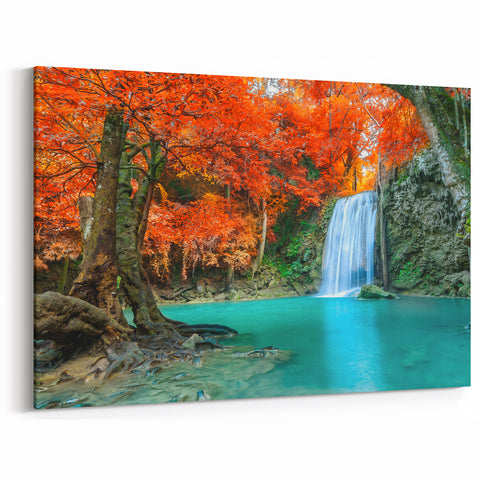 Autumn Waterfall Canvas - Vibrant Fall Scene Waterfall Painting for Home
