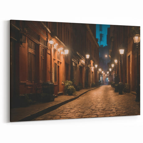 Charming Night Street Art – Serene City Pathway Canvas for Urban Decor