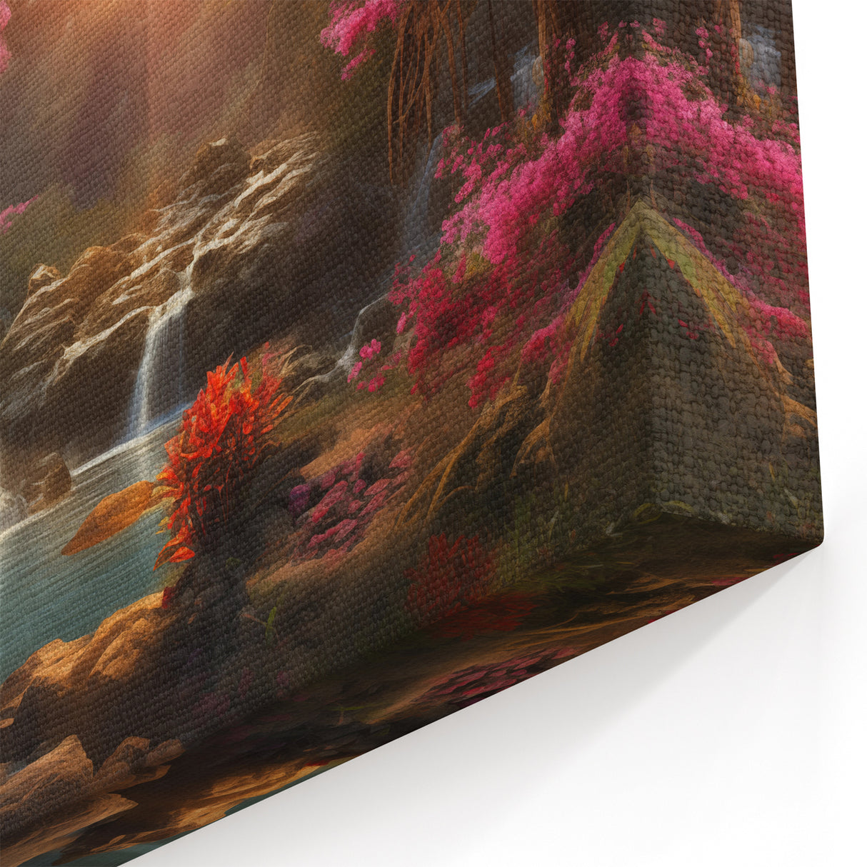 Sunset Glow Waterfall Canvas - Enchanting Pink and Orange Landscape Painting