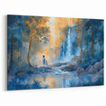 Tranquil Watercolor Waterfall - Serene Blue and Gold Landscape Painting