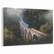 Blue Train in Misty Forest Wall Art - Serene Locomotive Canvas Print