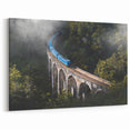 Blue Train in Misty Forest Wall Art - Serene Locomotive Canvas Print
