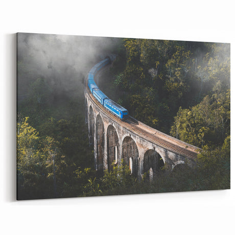 Blue Train in Misty Forest Wall Art - Serene Locomotive Canvas Print