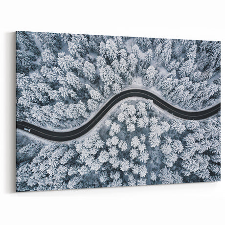 Snowy Forest Road Wall Art - Winter Wonderland Aerial Landscape Print