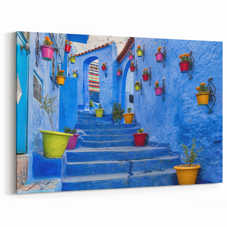 Marrakech Wall Decor - Vibrant Blue Cityscape with Colorful Pots