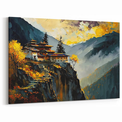 Vibrant Bhutan Mountain Monastery Wall Art - Scenic Landscape Print