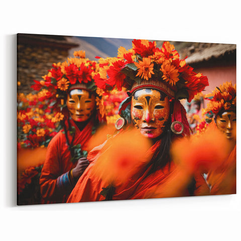 Vibrant Bhutan Cultural Festival Wall Art - Traditional Masked Dancers