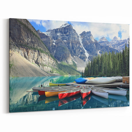 Alberta Moraine Lake Wall Art - Colorful Canoes on Moraine Lake with Rockies