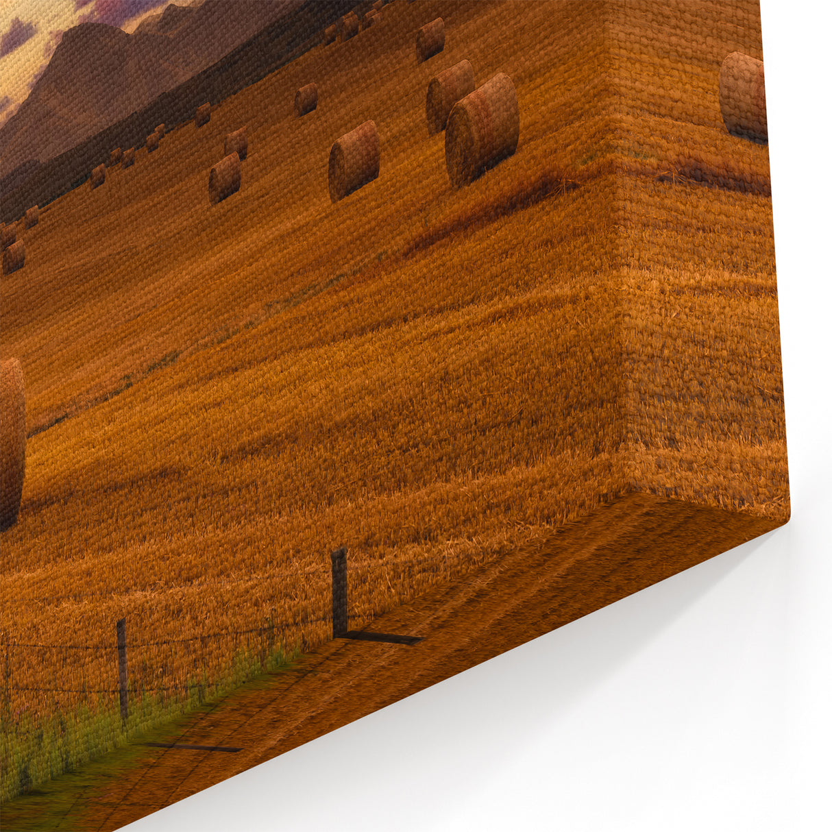 Alberta Prairie Sunset Art - Golden Hay Bales with Rocky Mountains