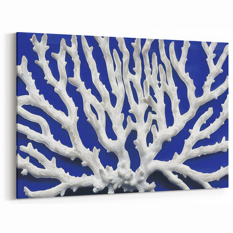 Marine Plants Art: Coastal Botanical White Coral on Blue Canvas Wall Decor