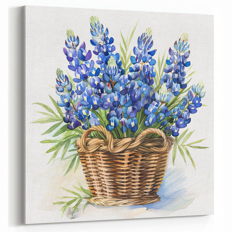 Bluebonnet Basket Watercolor Print - Elegant Texas Wildflower Wall Art