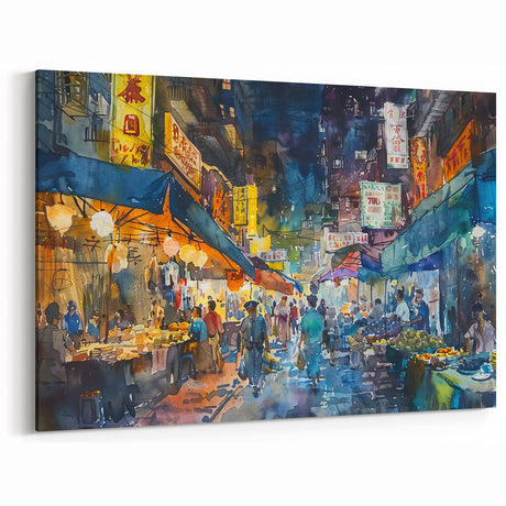 Hong Kong Street Market Art - Vibrant Watercolor Cityscape Wall Decor