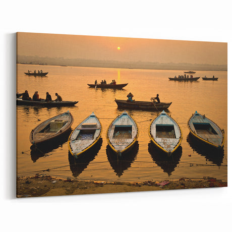 Boats on Ganges River at Sunset – Scenic India Wall Art Canvas Print