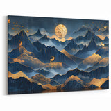 Golden Moonlit Mountains with Wildlife – Luxurious Celestial Wall Art