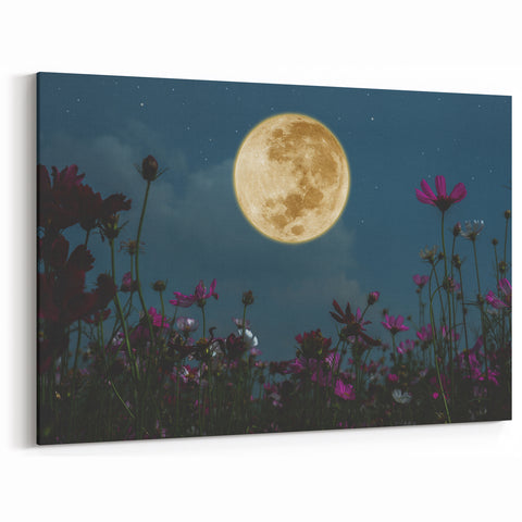 Golden Moon Over Flower Field – Serene Celestial Wall Art for Home