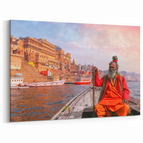 Indian Scenery Wall Decor - Colorful Varanasi Ghats with Holy Man Artwork