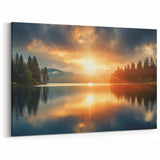 Serene Sunset Over Lake – Peaceful Sun Wall Art with Forest Reflections