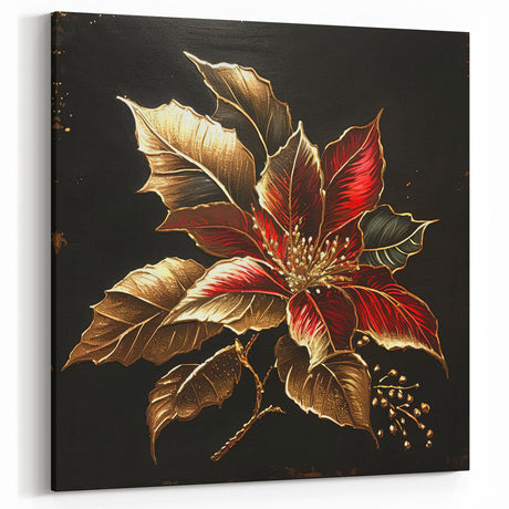 Luxurious Red and Gold Poinsettia Wall Art - Botanical Christmas Canvas Decor