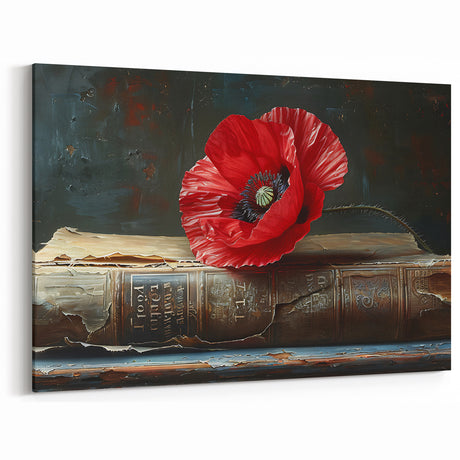 Vintage Red Poppy with Antique Book – Classic Floral Wall Art Canvas