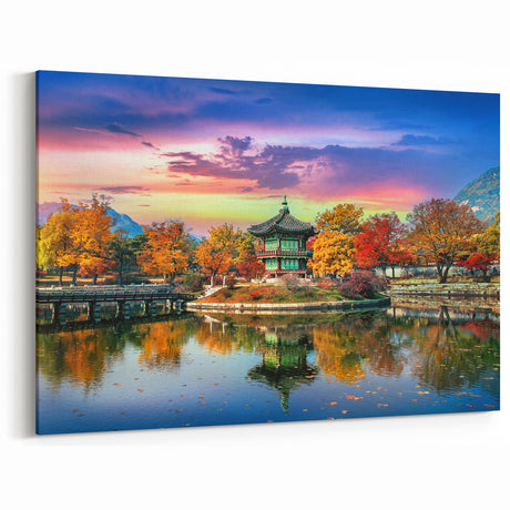 Korean Autumn Pavilion Reflections - Traditional Landscape Wall Art Print