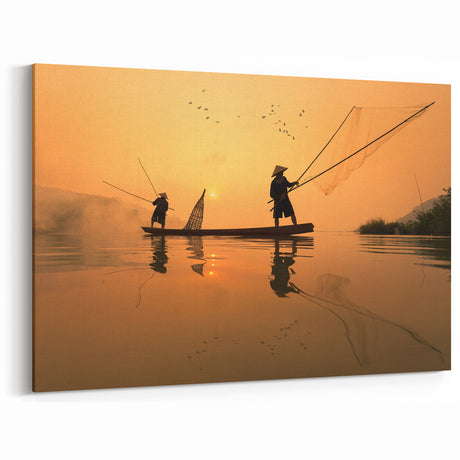Laos Scenery Canvas – Traditional Fishermen at Sunset, Serene Wall Art
