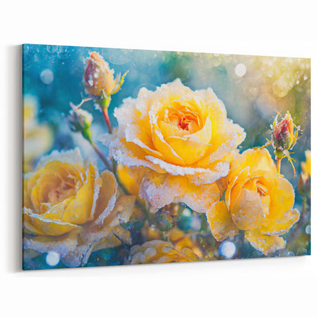 Chilled Beauty of Frosted Yellow Roses – Winter Wall Art on Canvas