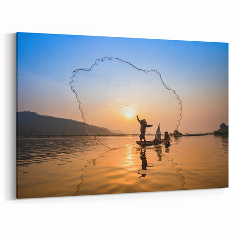 Traditional Fishing at Sunset - Laos Scenery Canvas Print