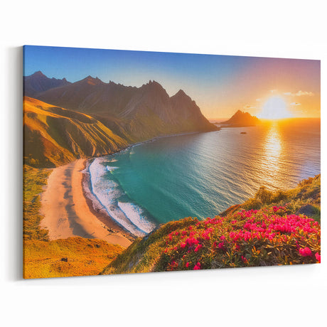 Barbados Landscape Art – Sunset Coastal View with Mountains and Flowers