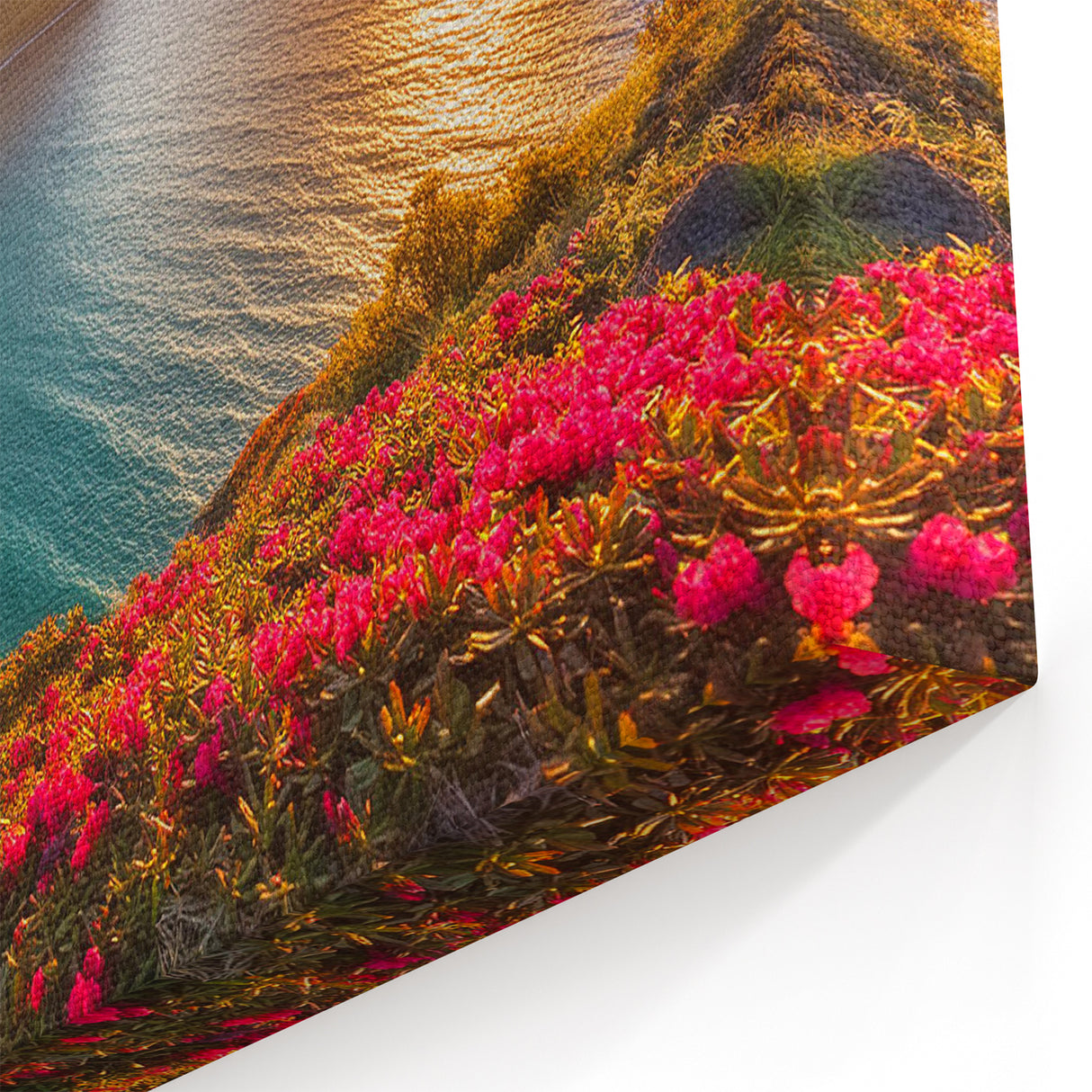 Barbados Landscape Art – Sunset Coastal View with Mountains and Flowers