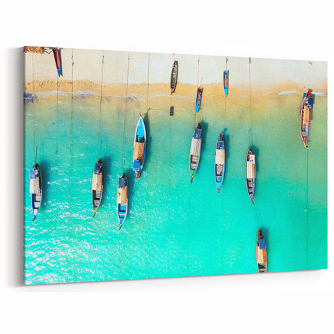 Tropical Canvas Art – Aerial Boats in Turquoise Waters of Cayman Island