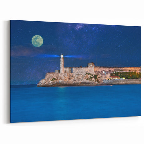 Moonlit Havana Lighthouse Wall Art - Night Sky Cuban Coastal Scene