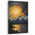 Abstract Swirling Sun Over Lake – Dynamic Sun Wall Art in Gold and Navy