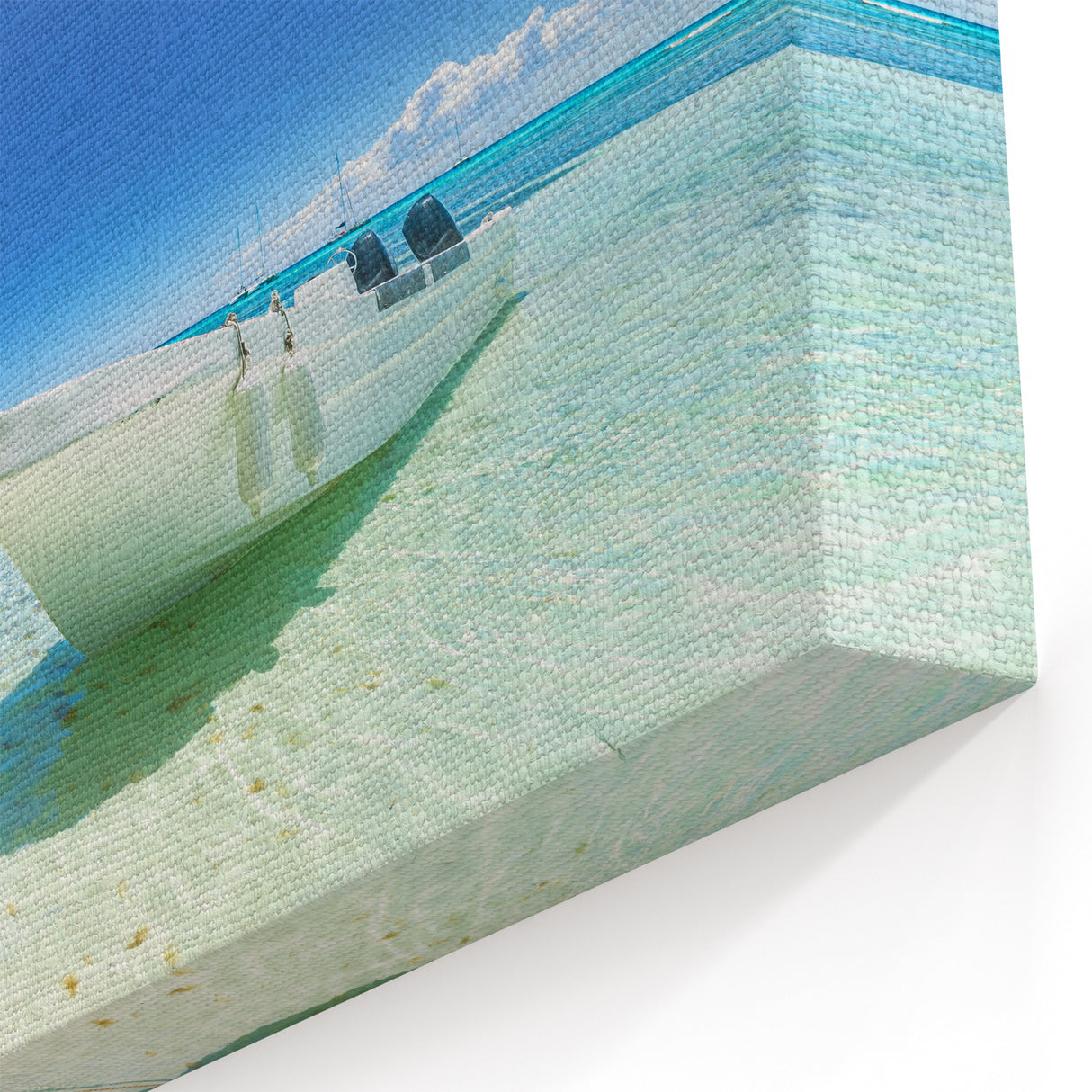 Tropical Beach Wall Art - White Boat on Crystal-Clear Dominican Shore