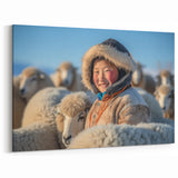 Nomadic Life Art - Smiling Child with Sheep in Mongolian Winter Landscape
