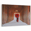 Monk with Red Umbrella Myanmar Wall Art - Tranquil Temple Corridor Scene