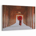 Monk with Red Umbrella Myanmar Wall Art - Tranquil Temple Corridor Scene