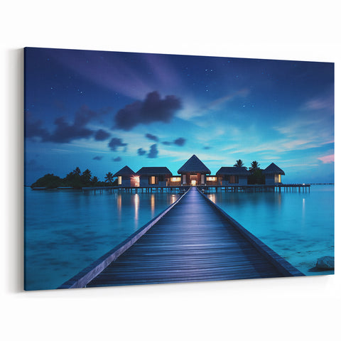 Maldives Nighttime Villas Wall Art – Tranquil Ocean View Canvas Prints