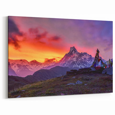 Himalayan Scenery Art - Majestic Sunset Over Prayer Flags and Peaks