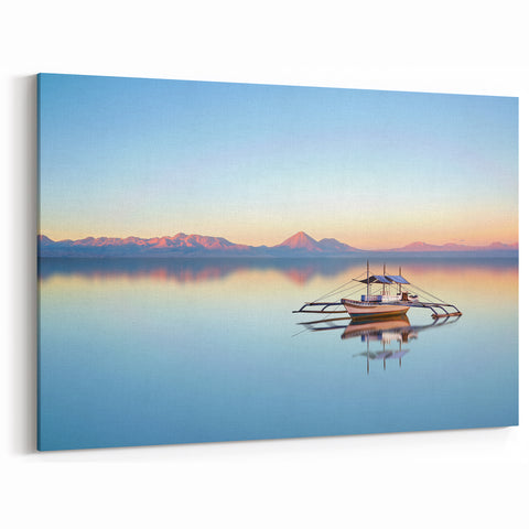Filipino Landscape Prints - Serene Boat and Mountain Scene in Southeast Asia