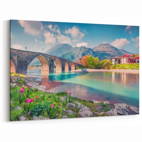 Albania Canvas Art - Scenic River and Historic Stone Bridge Decor